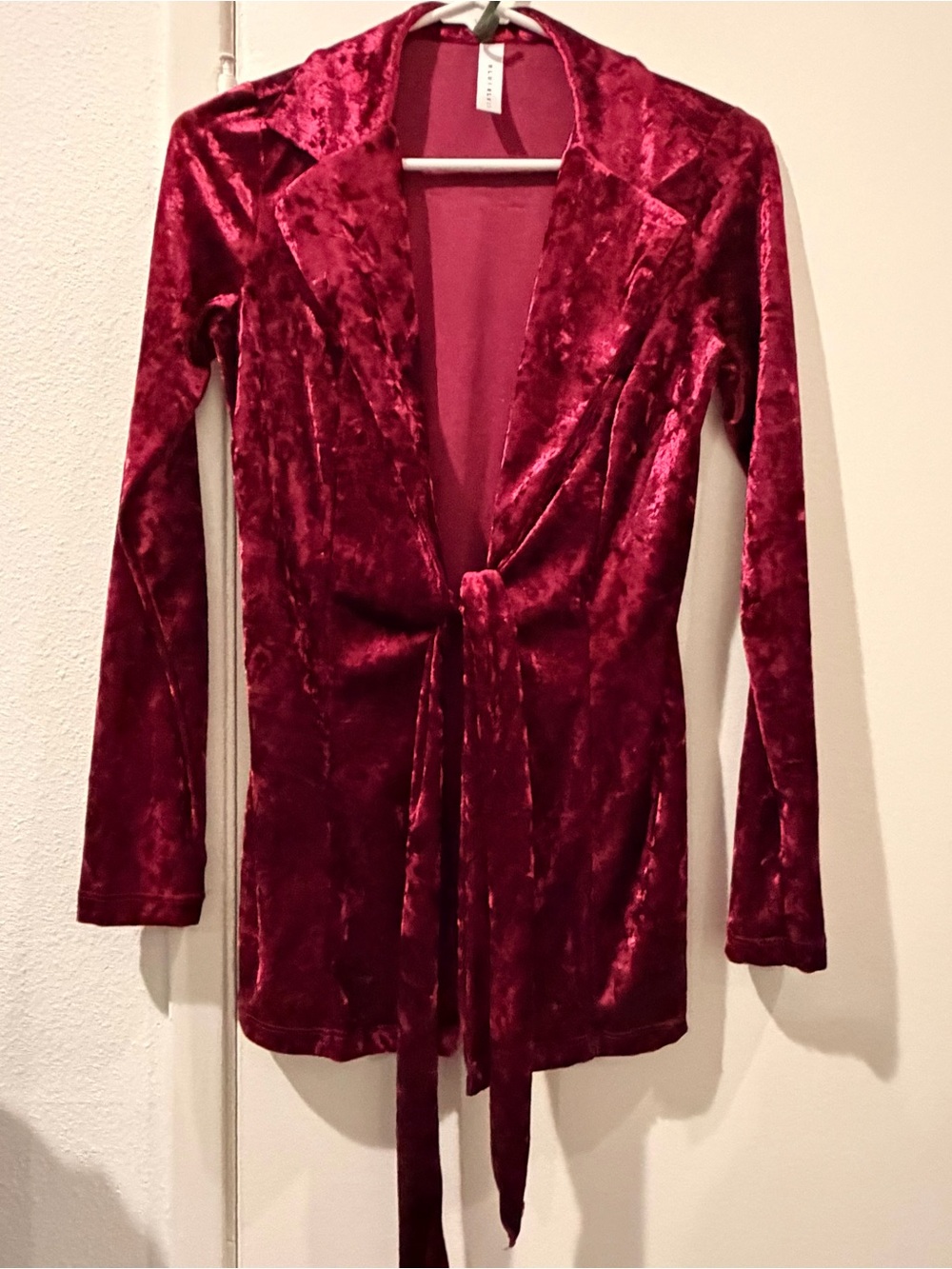 Blue Blush Velvet Tie-Front Robe Jacket - Wine